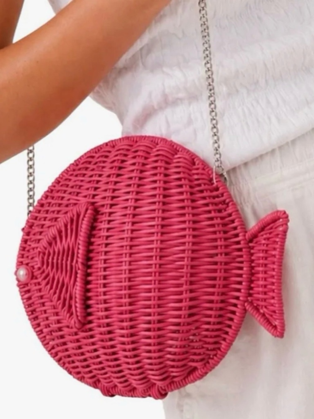 New Tommy Bahama Pink Woven Fish Crossbody Bag - Picture 6 of 10